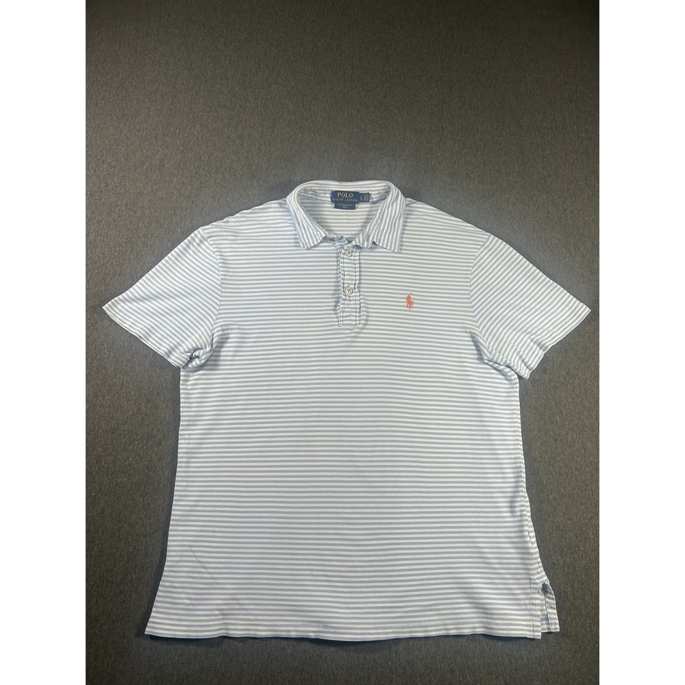 Polo Ralph Lauren Men's Light Blue and White Striped Featherweight Mesh Polo L